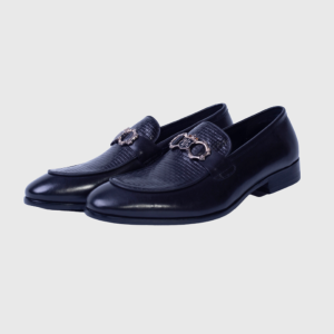Black leather men's formal loafers with a decorative metal buckle on white background