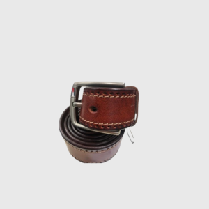 Close-up of a high-quality brown leather belt with a metal buckle for men.