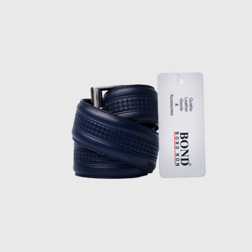 Navy blue leather Bond London belt with a quality assurance tag attached.