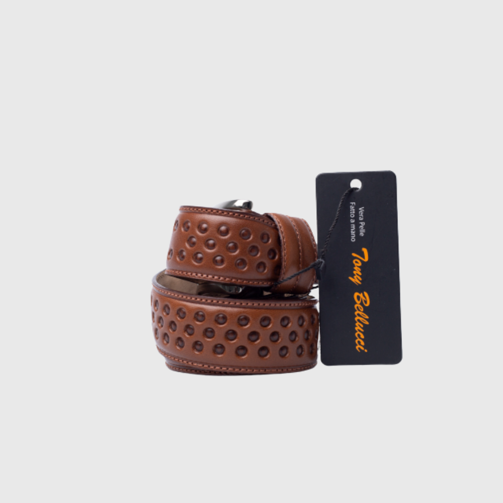 Brown leather studded belt with Tony Bellucci brand tag on a white background.