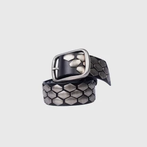 Silver Hexagon Nani Leather Belt-Black