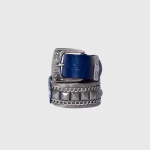 Hexagon Studded Nani Leather Belt-Blue
