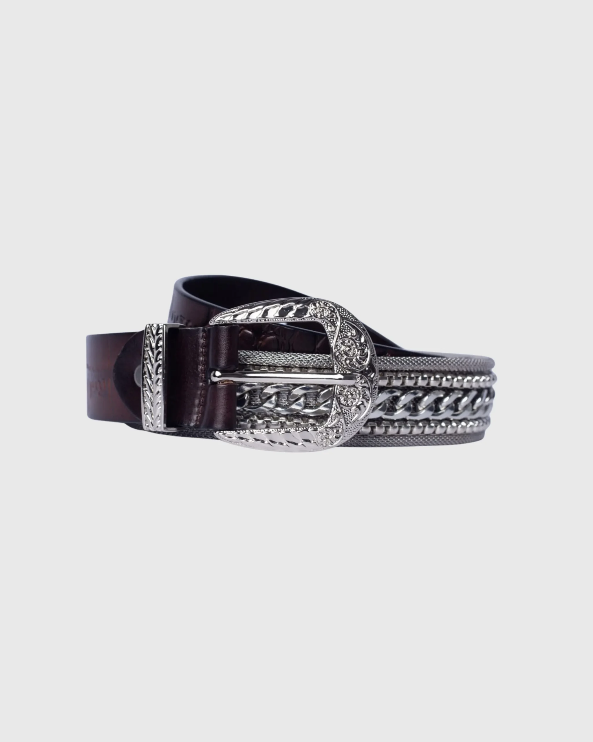Croc-Embossed Chain Nani Leather Belt-Brown - Image 2