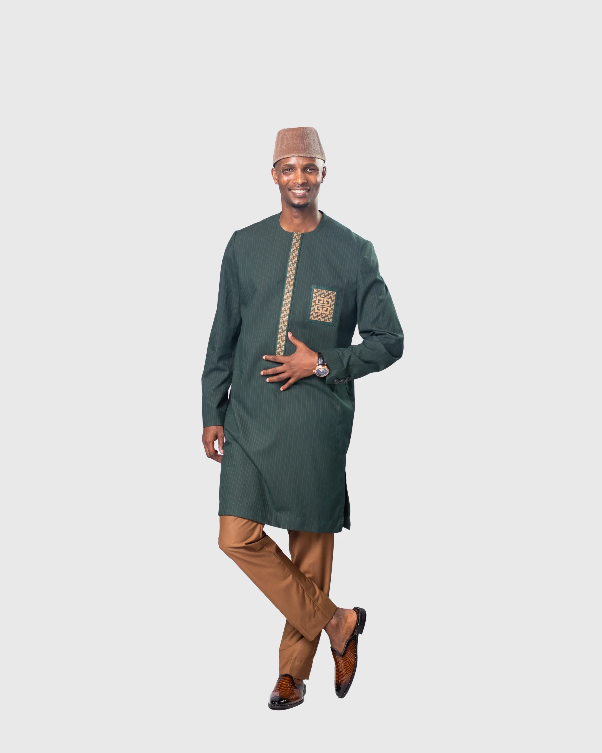 Paris Dakar Embroidered Danshiki Set - Forest Green/Brown - Image 4